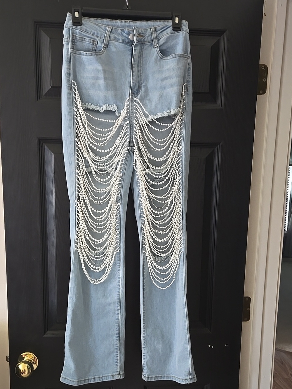 Light Blue Women's Jeans with Draped Pearl Chains